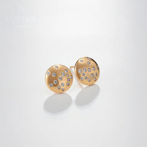 Gold Round Stud Earrings with Crystal Accents