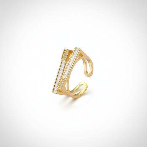 Gold Crystal Bar Open Ring | Modern Geometric Statement Ring