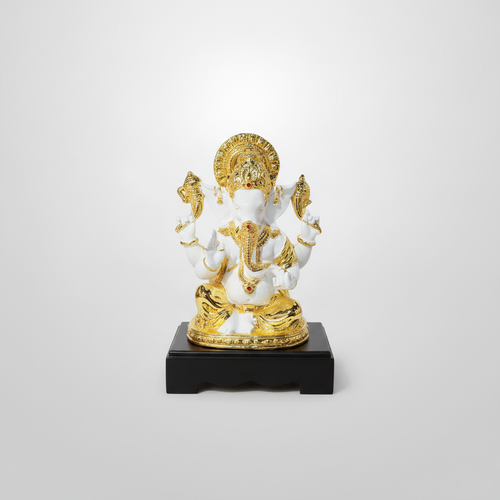 11.5" White & Gold Ganesha Statue on Black Wood Base