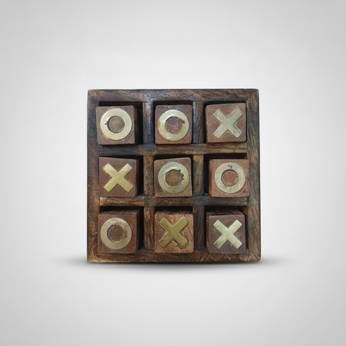 Handcrafted Wooden Tic-Tac-Toe Game with Brass Inlay Pieces
