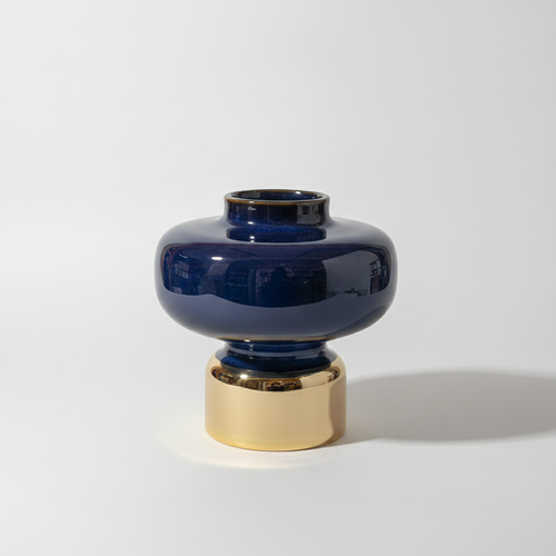 Navy Blue & Gold Ceramic Vase | Glossy Glaze Décor Piece