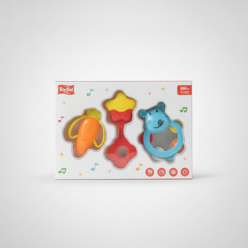 ToyBoi Baby Rattle & Teether Set – 3-Piece Sensory Toy Gift Set