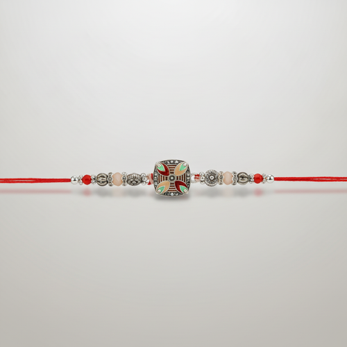 Traditional Silver & Meenakari Rakhi with Red Thread