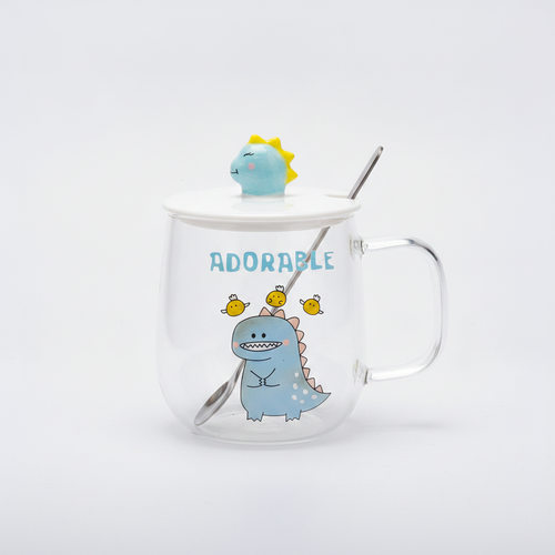 Adorable Dinosaur Glass Mug with Lid & Spoon