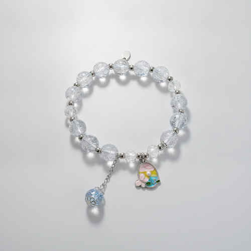 Crystal Bead Stretch Bracelet with Floral Enamel Charm
