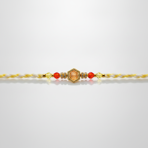 Elegant Beaded Rakhi with Gold Hexagon Charm