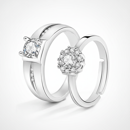 Silver Crystal Couple Rings Set – Elegant Matching Pair
