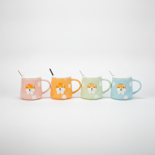 Shiba Inu Ceramic Mug with Lid & Spoon – Pastel Polka Dot