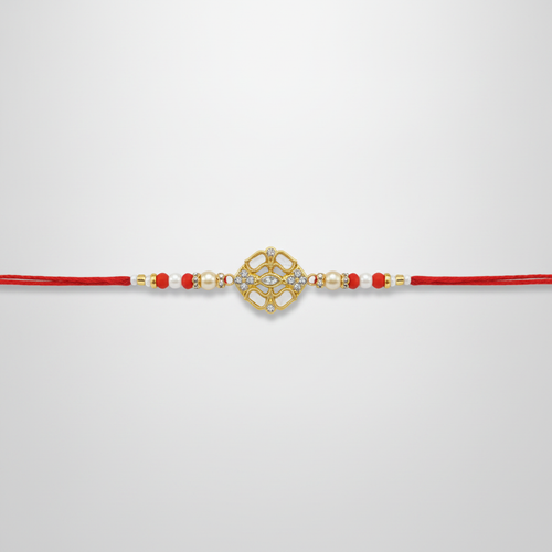 Kundan Rakhi with Red Thread & Pearl Beads