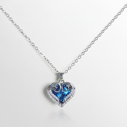 Blue Crystal Heart Pendant Necklace – Silver Tone