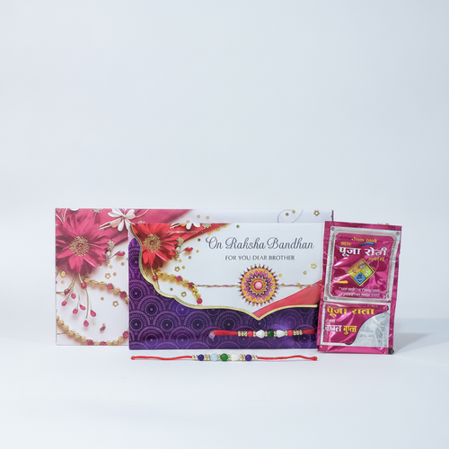 Raksha Bandhan Greeting Card Set with Rakhi, Roli & Chawal
