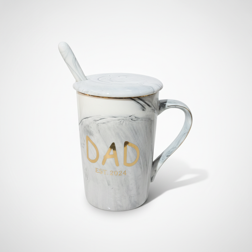 Dad Est. 2024 Marble Ceramic Mug with Lid & Spoon