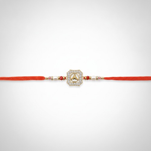 Elegant Diamond-Cut Rakhi with Red Beads & Pearl Accents