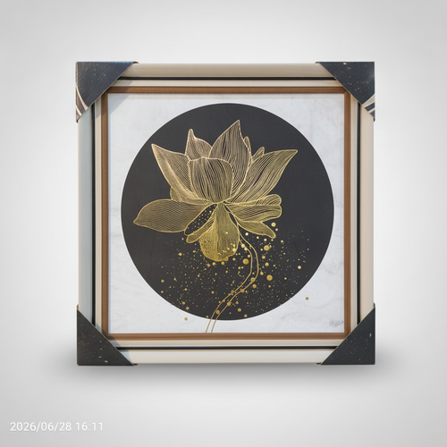 Gold Lotus Framed Wall Art | Black Circle Botanical Print
