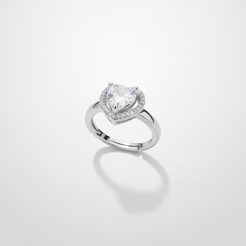 Heart-Cut Crystal Halo Silver Adjustable Ring