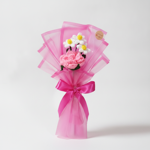 Handmade Crochet Flower Bouquet – Pink Rose & Daisies Gift