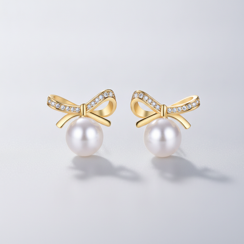 Gold Bow Pearl Stud Earrings with Crystal Accents