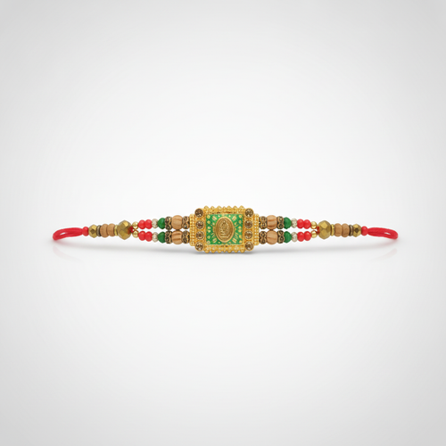 Traditional Rakhi with Gold Deity Centerpiece & Beaded Thread