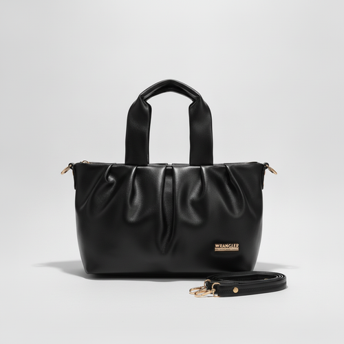 Wrangler Black Vegan Leather Ruched Tote Bag with Strap