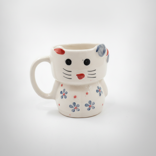 Handmade Cat Ceramic Mug with Floral Design