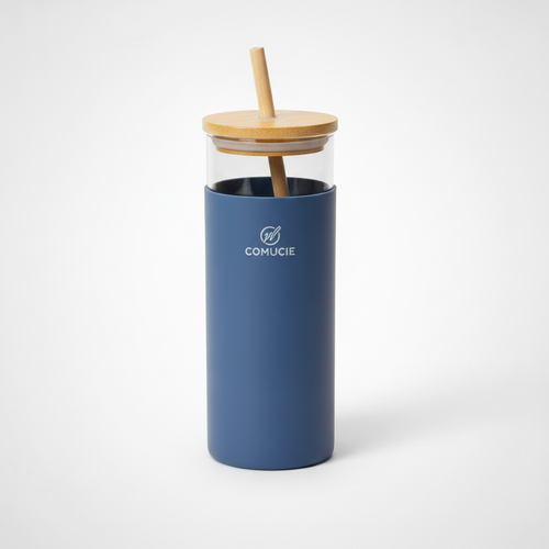 Glass Tumbler with Bamboo Lid & Straw | Navy Sleeve