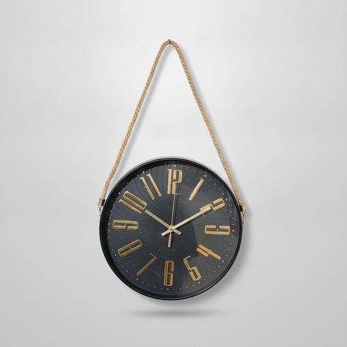 Industrial Black & Gold Wall Clock with Rope Hanger