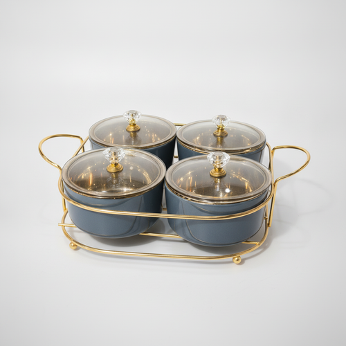 Elegant 4-Piece Glass Condiment Set with Gold Metal Rack