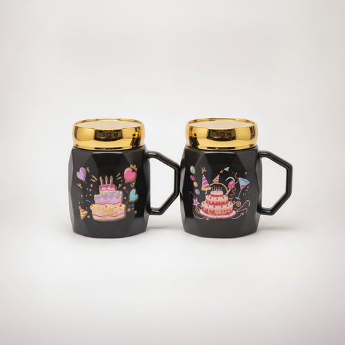 Happy Birthday Ceramic Mug with Gold Lid – Black & Gold