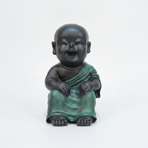 Laughing Baby Monk Statue – Black & Green Décor Showpiece
