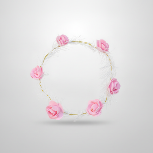 Pink Rose Flower Crown Headband with Silver Tinsel