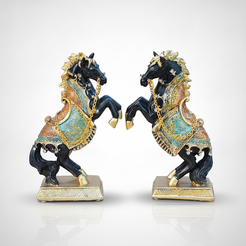 Rearing Black Horse Figurine Set of 2 – Gold & Teal Decor