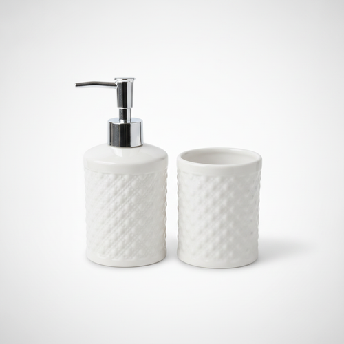 White Ceramic Bathroom Accessory Set – Soap Dispenser & Tumbler