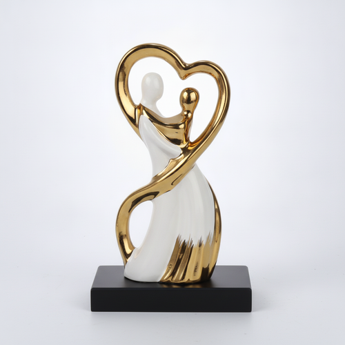 Abstract Couple Embrace Sculpture – Gold & White Figurine