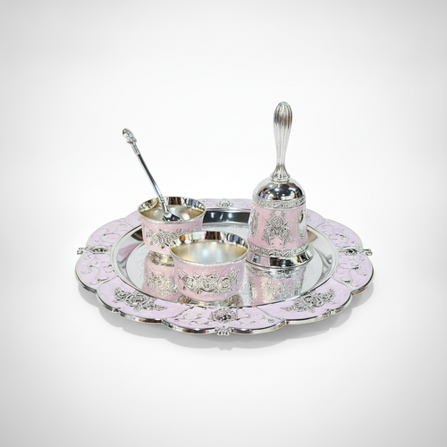 Pink & Silver Decorative Pooja Thali Set with Bell & Bowls