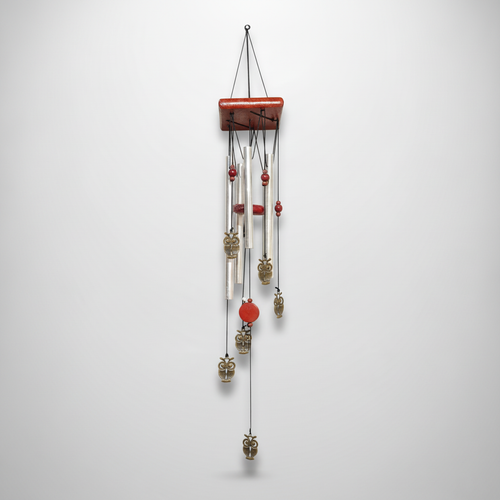 Owl Wind Chime with Silver Tubes & Red Beads