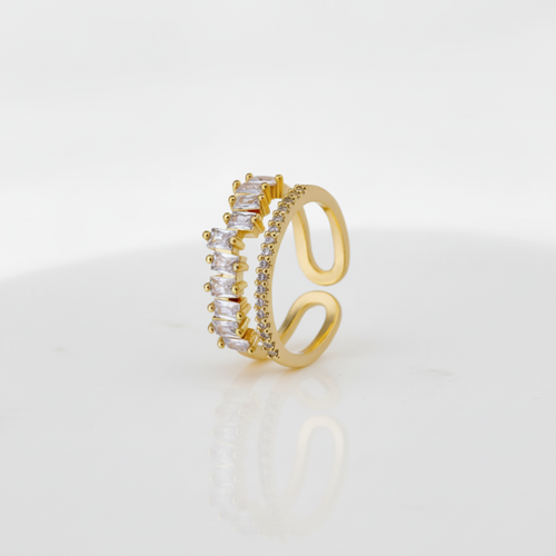 Double Band Baguette Crystal Gold Adjustable Ring