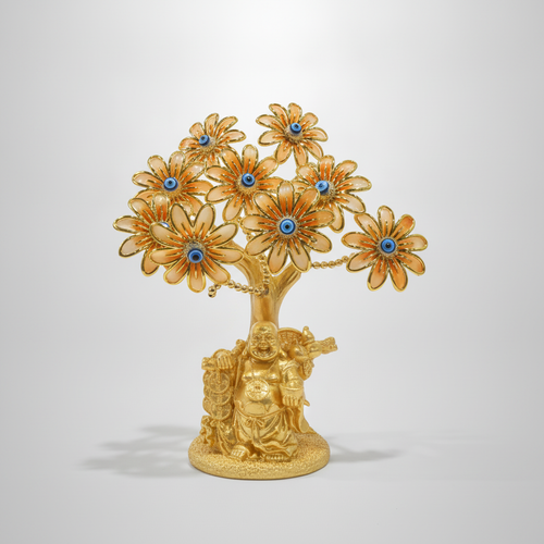 Golden Laughing Buddha Evil Eye Flower Tree Figurine
