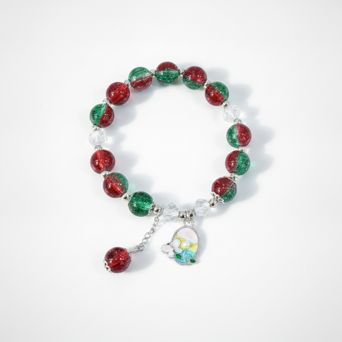Red & Green Beaded Charm Bracelet with Crystal Accents