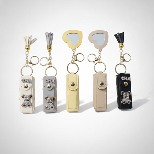 Crystal Bear Leather Lipstick Holder Keychain with Mirror