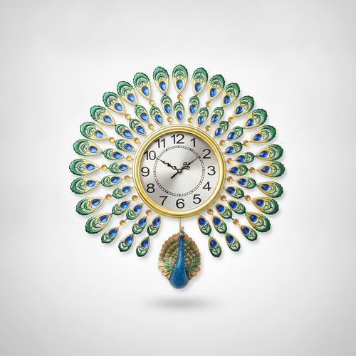 Peacock Wall Clock with Blue Crystal Feathers & Gold Frame