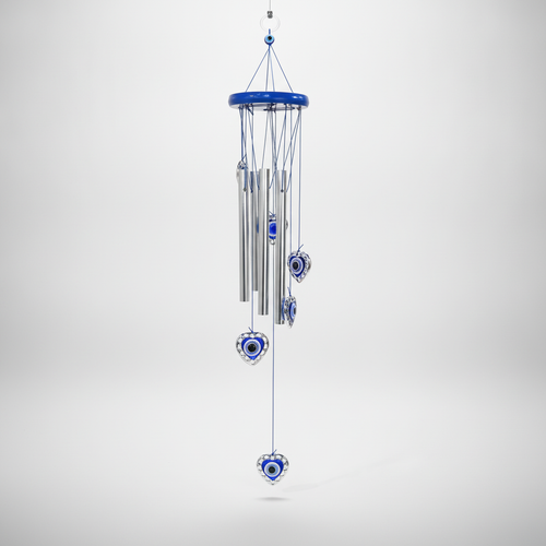 Evil Eye Wind Chime with Heart Charms & Silver Tubes