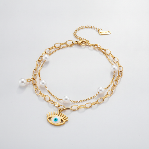 Gold Evil Eye & Pearl Double-Layer Charm Bracelet