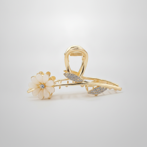 Gold Floral Hair Claw Clip with Crystal Leaves & Pearl Flower