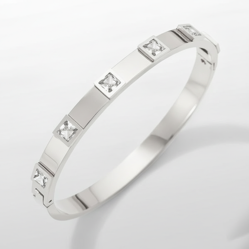 Crystal-Studded Silver Bangle Bracelet for Women