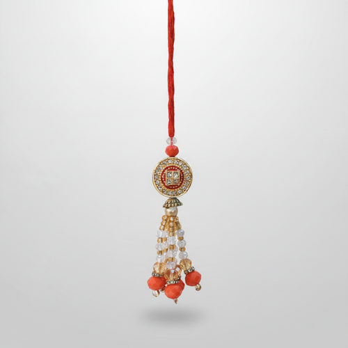 Traditional Beaded Rakhi with Crystal Tassel & Gold Medallion