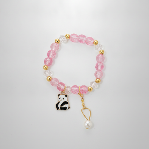 Pink Crystal Beaded Bracelet with Panda & Pearl Charms