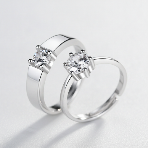 Silver Crystal Couple Rings Set – Matching Promise Rings