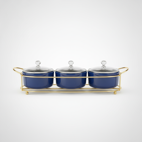 Royal Blue Ceramic Condiment Set with Gold Stand & Crystal Lids