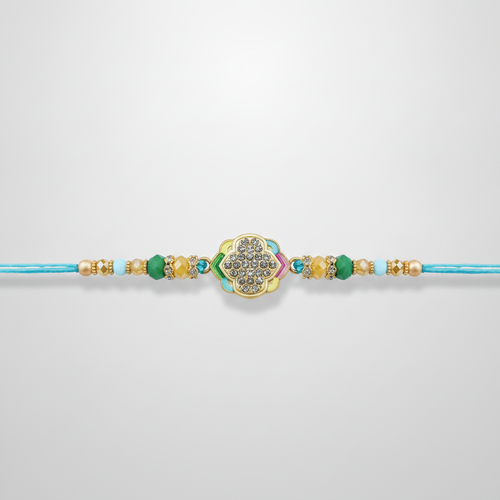 Floral Crystal Rakhi with Multicolor Beads & Turquoise Thread