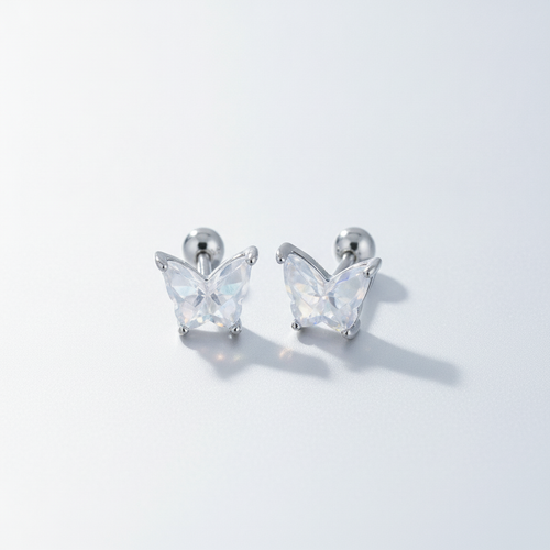 Men's Butterfly Crystal Barbell Stud Earrings – Silver